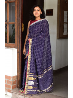 Bluish Purple, Handwoven Organic Cotton, Textured Weave , Tie & dye, Occasion Wear, Jari, Rai Bandhani Saree
